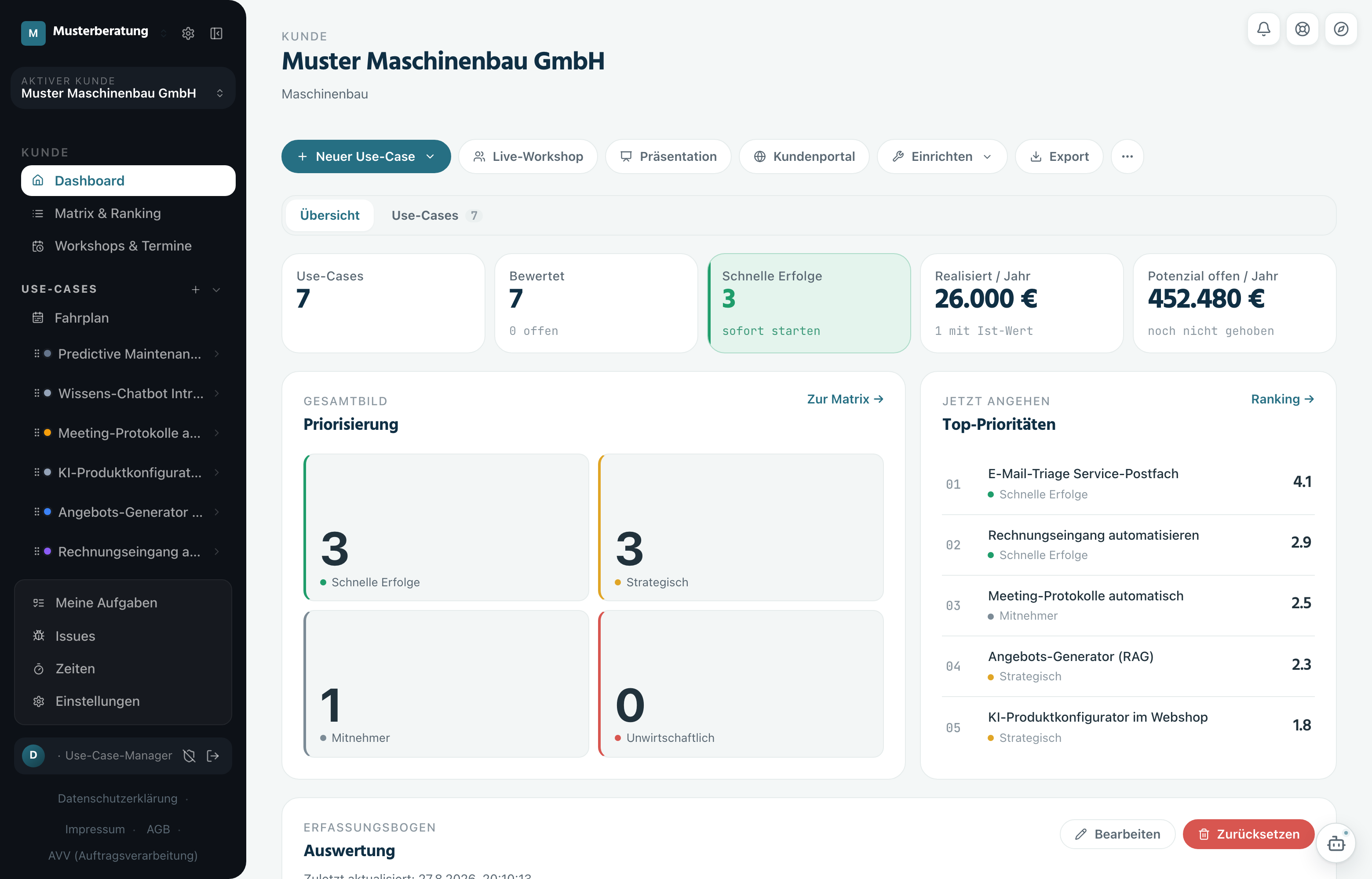 Kundenübersicht mit Kennzahlenkacheln; „Realisiert / Jahr“ zeigt 26.000 Euro mit dem Zusatz „1 mit Ist-Wert“, daneben „Potenzial offen / Jahr“ mit 452.480 Euro und dem Zusatz „noch nicht gehoben“.